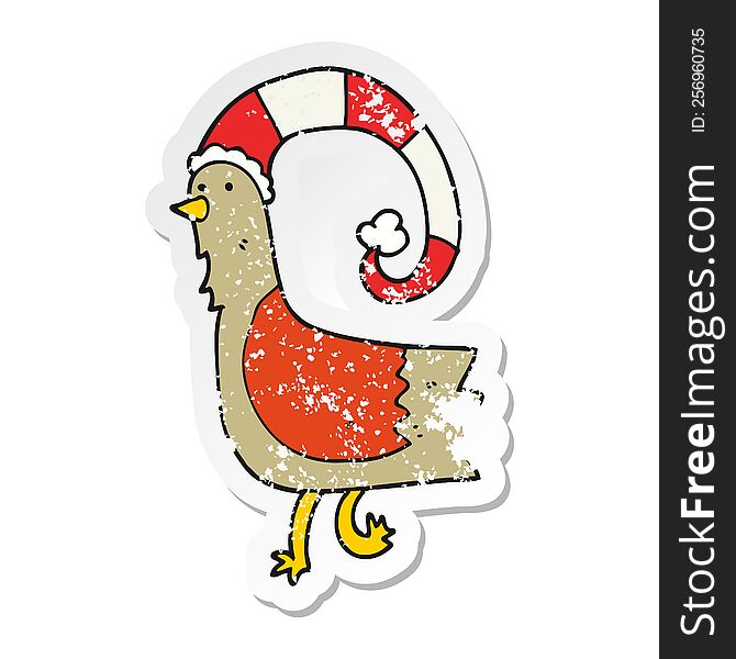 Distressed Sticker Of A Cartoon Chicken In Funny Christmas Hat