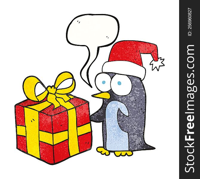 freehand drawn texture speech bubble cartoon christmas penguin with present
