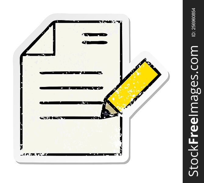 distressed sticker of a cute cartoon of writing a document