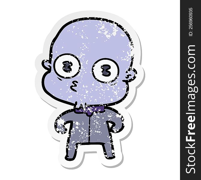 distressed sticker of a cartoon weird bald spaceman