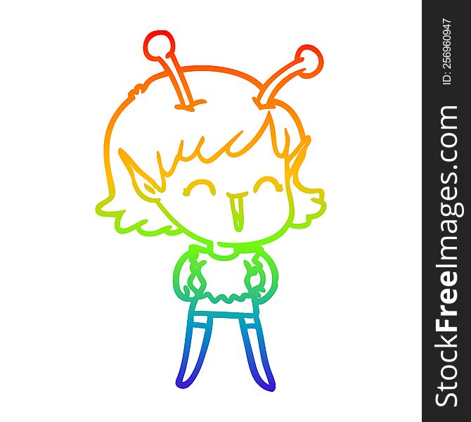 rainbow gradient line drawing of a cartoon alien girl laughing
