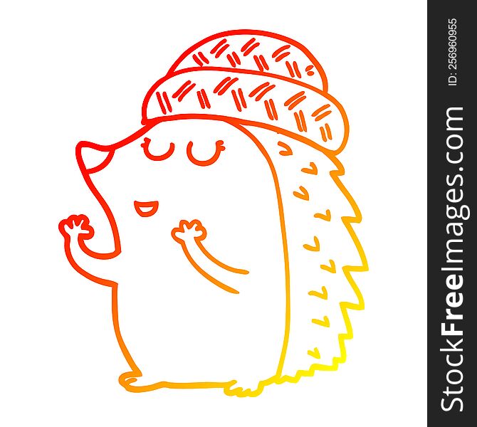Warm Gradient Line Drawing Cartoon Hedgehog Wearing Hat