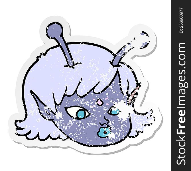 distressed sticker of a cartoon alien space girl face