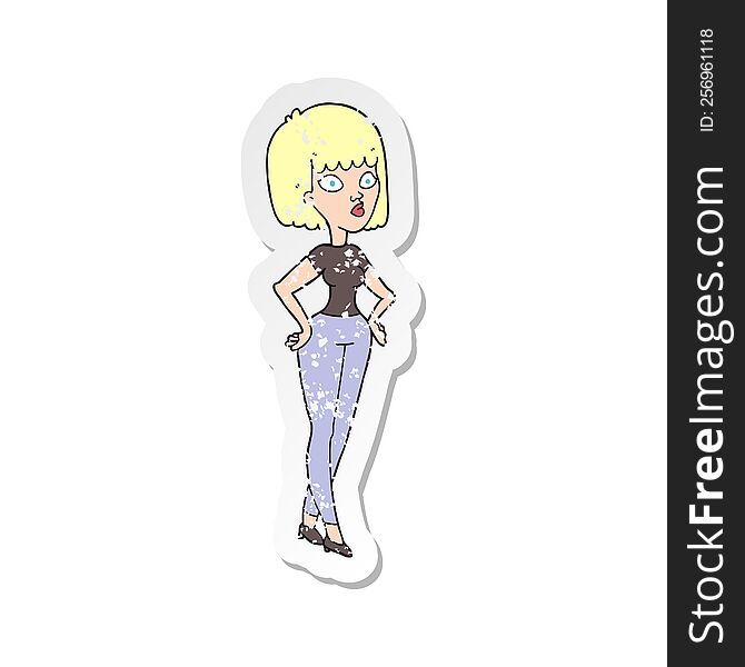 retro distressed sticker of a cartoon woman with hands on hips
