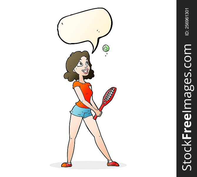 Cartoon Woman Playing Tennis With Speech Bubble