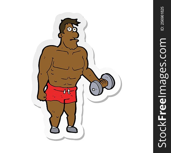 Sticker Of A Cartoon Man Lifting Weights