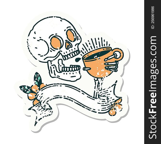 worn old sticker with banner of a skull drinking coffee. worn old sticker with banner of a skull drinking coffee