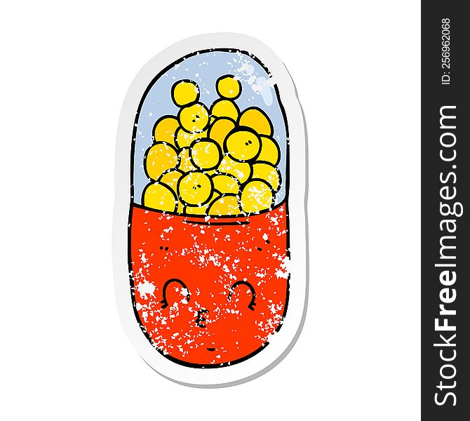 distressed sticker of a cartoon pill