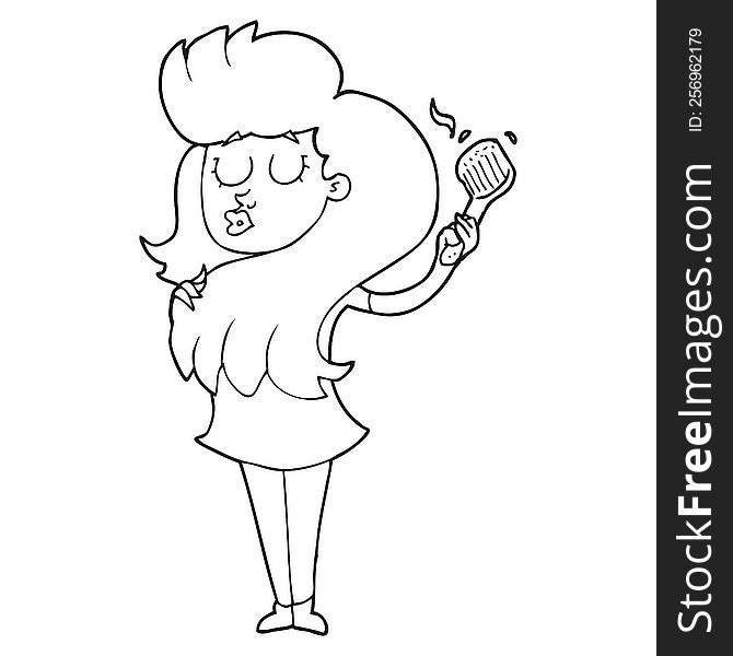 freehand drawn black and white cartoon woman brushing hair