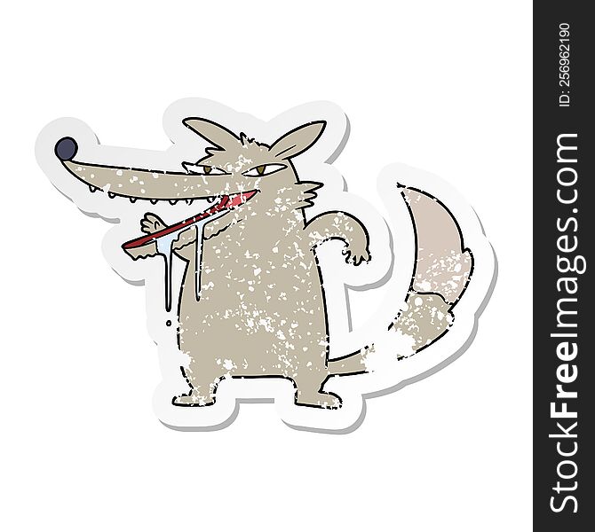 Distressed Sticker Of A Hungry Cartoon Wolf