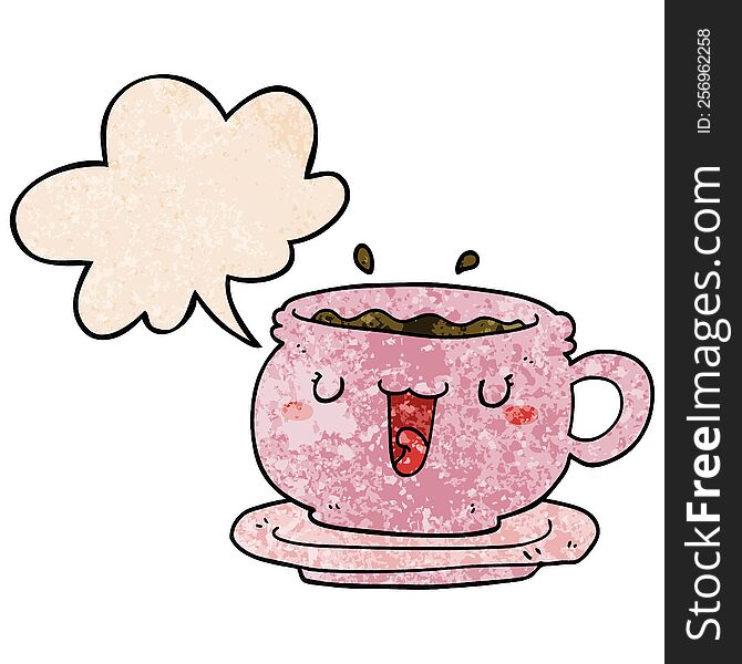 Cute Cartoon Cup And Saucer And Speech Bubble In Retro Texture Style