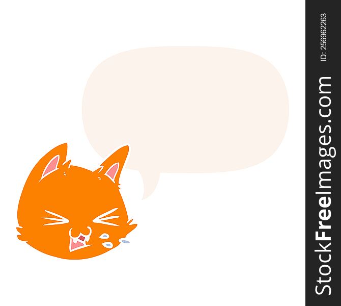 Spitting Cartoon Cat Face And Speech Bubble In Retro Style