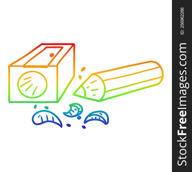 rainbow gradient line drawing of a cartoon pencil and sharpener