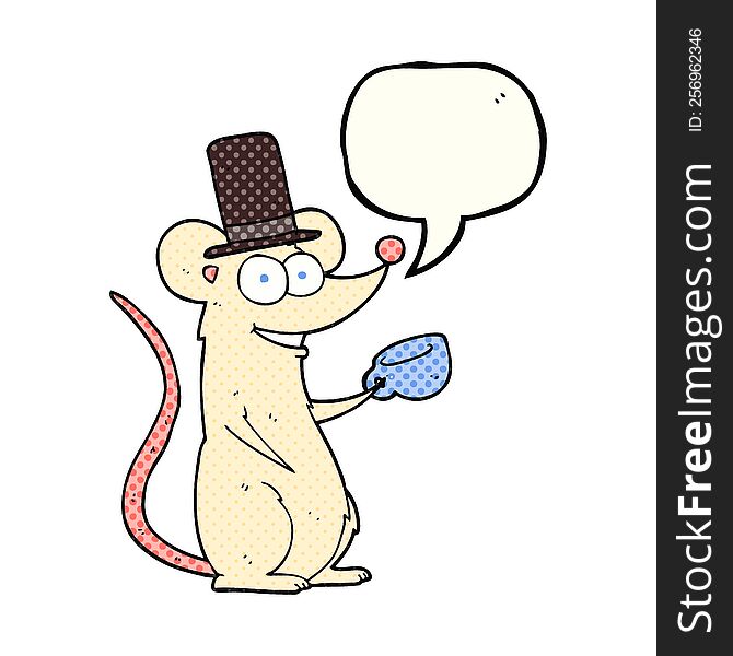 freehand drawn comic book speech bubble cartoon mouse with teacup