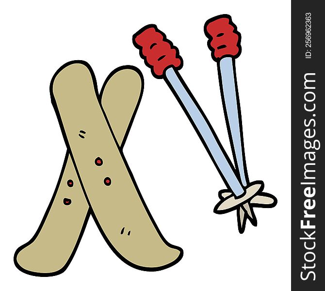 hand drawn doodle style cartoon ski and poles