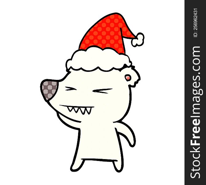 angry polar bear hand drawn comic book style illustration of a wearing santa hat