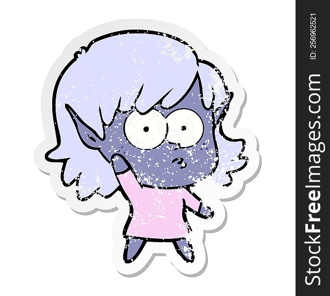 Distressed Sticker Of A Cartoon Elf Girl Waving