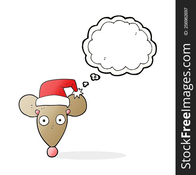 freehand drawn thought bubble cartoon mouse in christmas hat