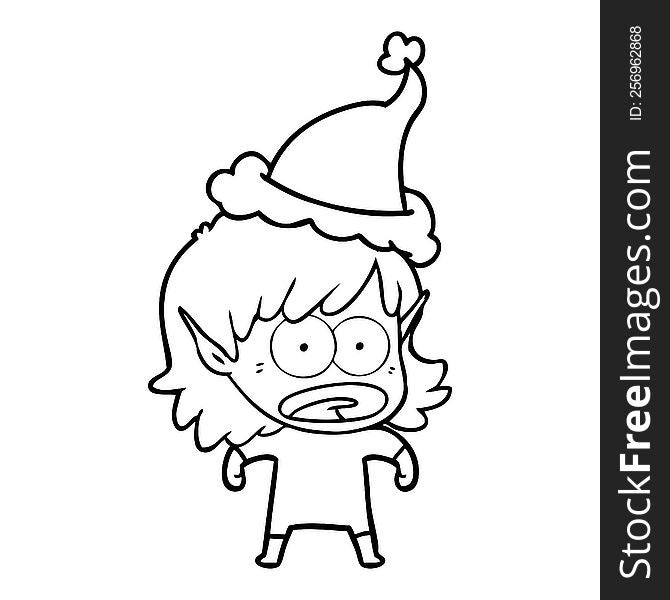 hand drawn line drawing of a shocked elf girl wearing santa hat