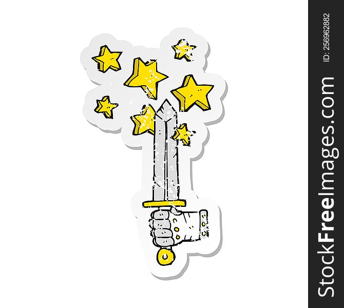 retro distressed sticker of a cartoon hand holding magic sword