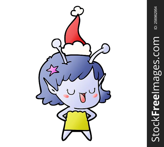 happy alien girl hand drawn gradient cartoon of a wearing santa hat. happy alien girl hand drawn gradient cartoon of a wearing santa hat