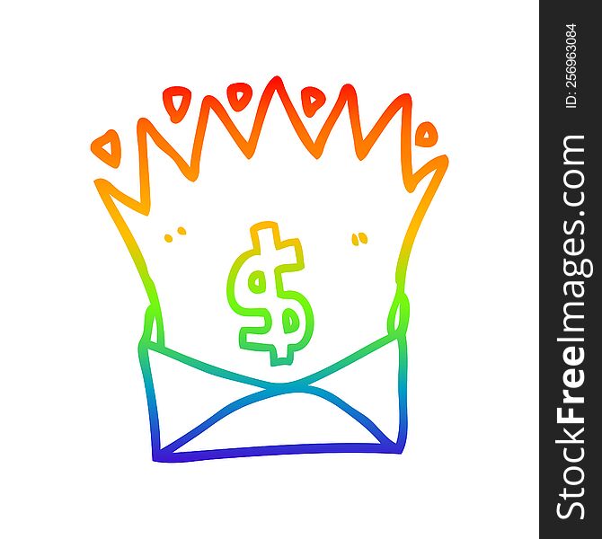 rainbow gradient line drawing of a cartoon envelope with money sign