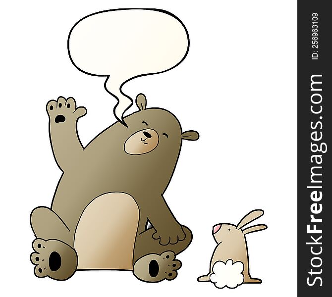 cartoon bear and rabbit friends with speech bubble in smooth gradient style