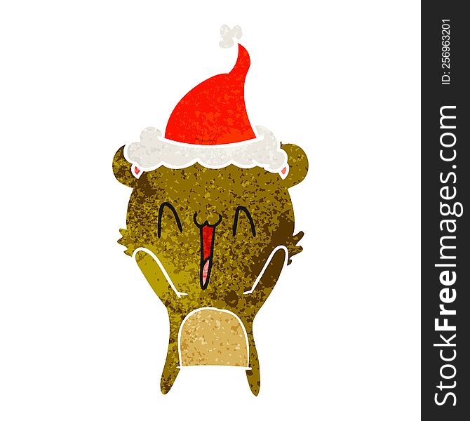 happy bear hand drawn retro cartoon of a wearing santa hat. happy bear hand drawn retro cartoon of a wearing santa hat