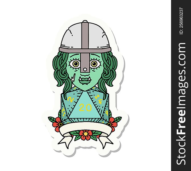 sticker of a half orc fighter with natural twenty dice roll. sticker of a half orc fighter with natural twenty dice roll