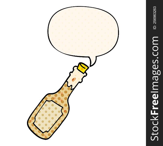 cartoon beer bottle with speech bubble in comic book style