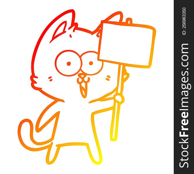 Warm Gradient Line Drawing Funny Cartoon Cat With Sign