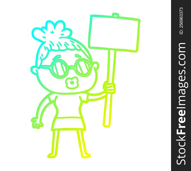 cold gradient line drawing of a cartoon protester woman wearing spectacles