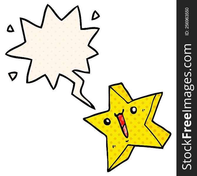 cartoon happy star with speech bubble in comic book style