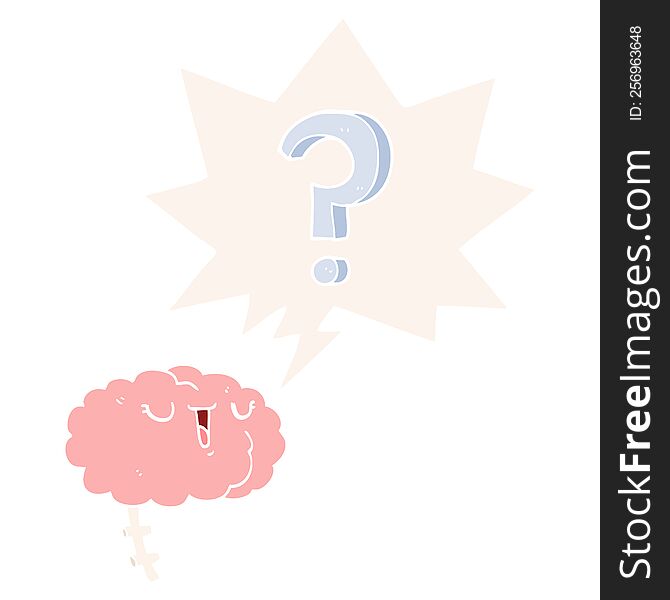 cartoon curious brain with speech bubble in retro style