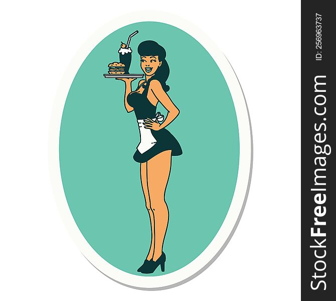 sticker of tattoo in traditional style of a pinup waitress girl. sticker of tattoo in traditional style of a pinup waitress girl