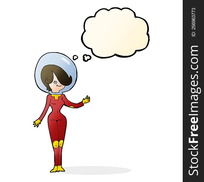 cartoon space woman with thought bubble