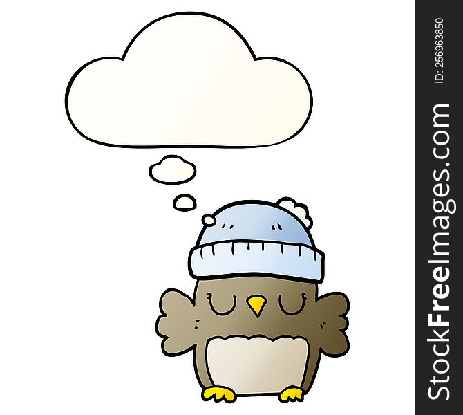 Cute Cartoon Owl In Hat And Thought Bubble In Smooth Gradient Style