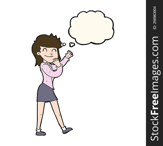 cartoon happy businesswoman with thought bubble