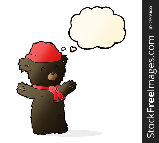 cartoon cute black bear in hat and scarf with thought bubble