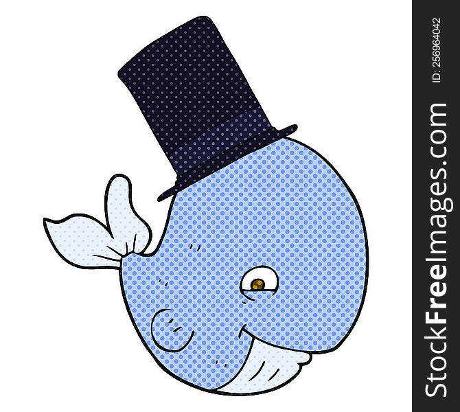 freehand drawn cartoon whale in top hat