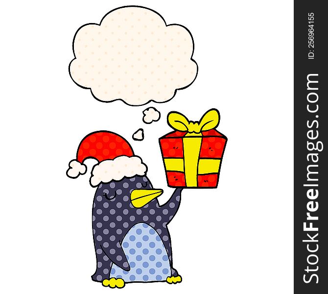 Cartoon Penguin With Christmas Present And Thought Bubble In Comic Book Style