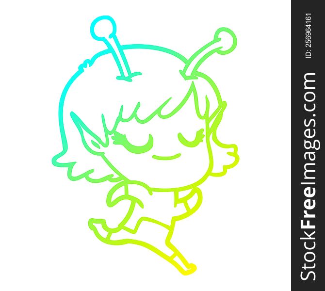 Cold Gradient Line Drawing Smiling Alien Girl Cartoon Running