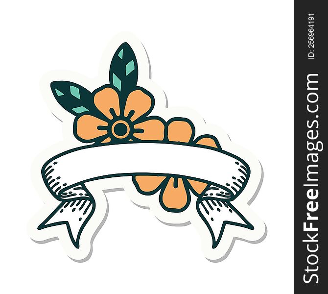 tattoo style sticker with banner of flowers