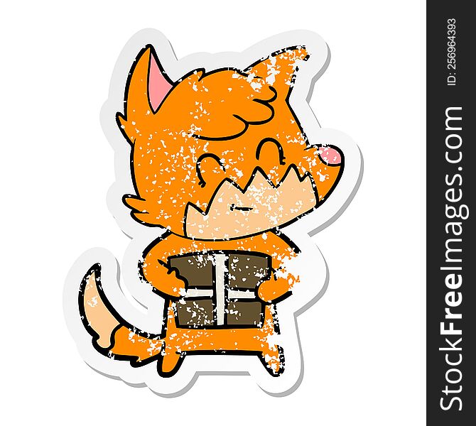 Distressed Sticker Of A Cartoon Friendly Fox With Gift