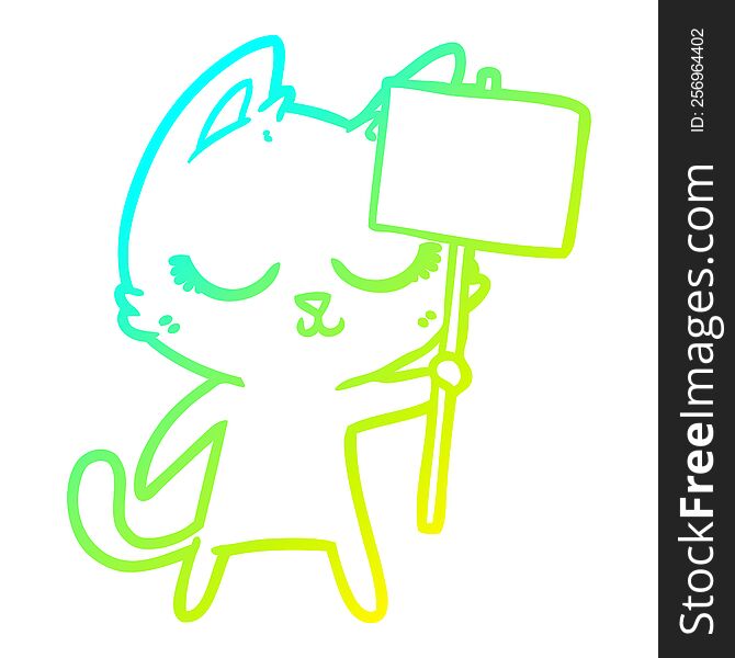 Cold Gradient Line Drawing Calm Cartoon Cat With Placard