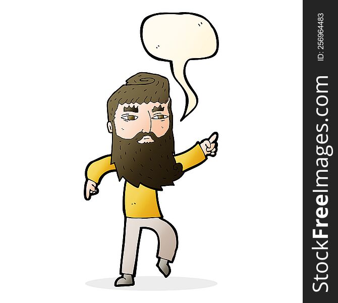 cartoon bearded man pointing the way with speech bubble