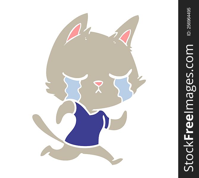 crying flat color style cartoon cat running away