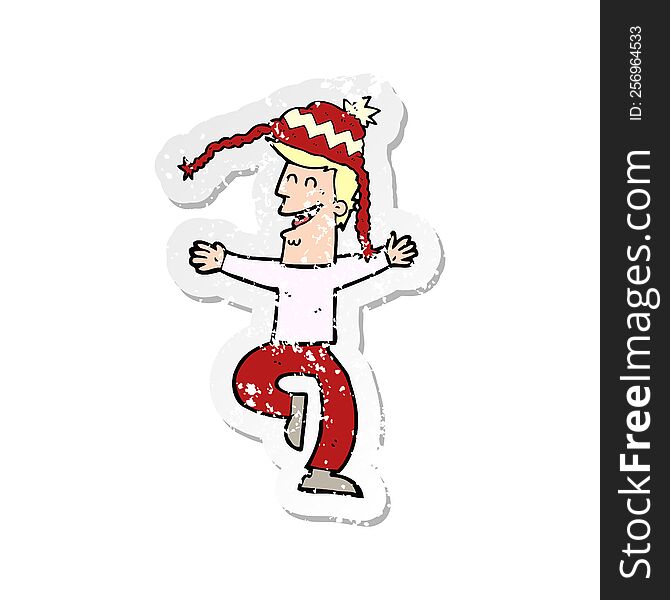 retro distressed sticker of a cartoon man wearing winter hat