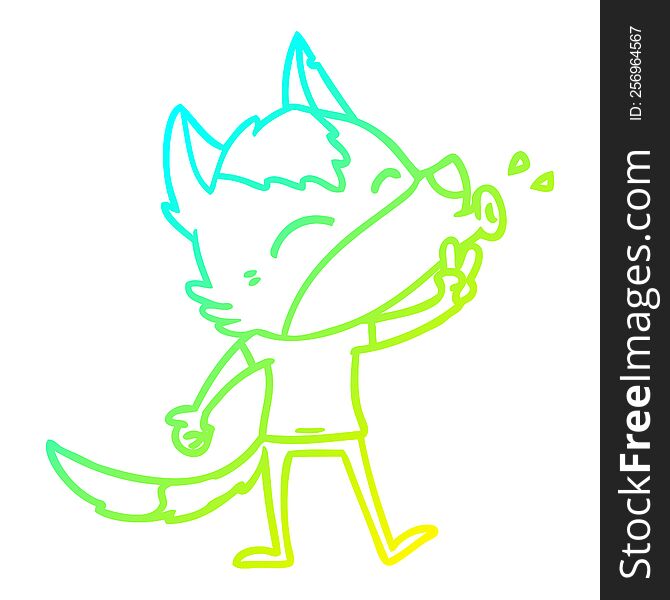 cold gradient line drawing of a howling cartoon wolf wearing clothes