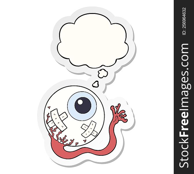 cartoon injured eyeball with thought bubble as a printed sticker